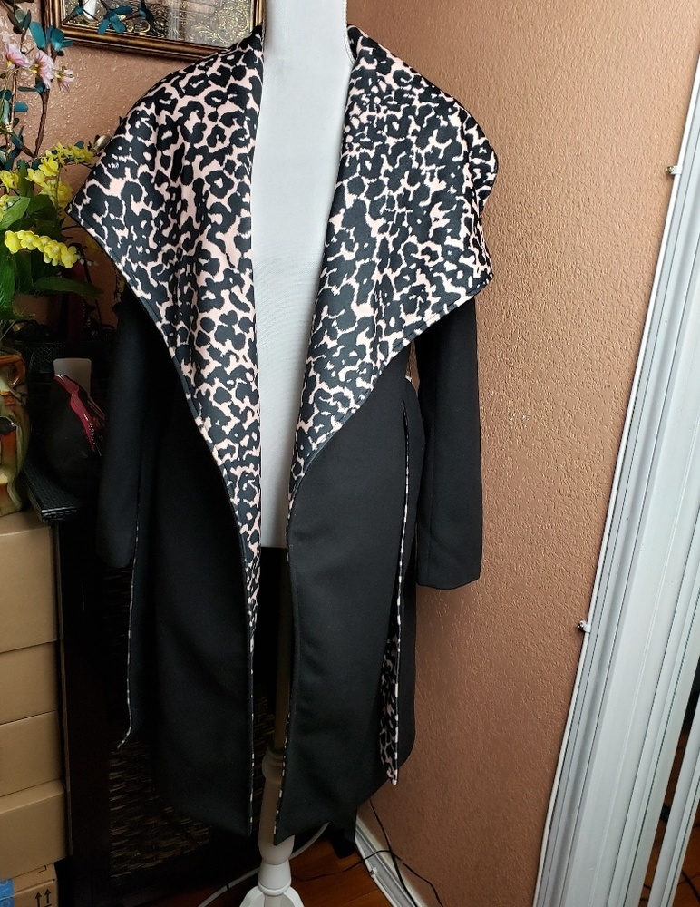 Venus Black Belted Overcoat With Pink Leopard Liner XS